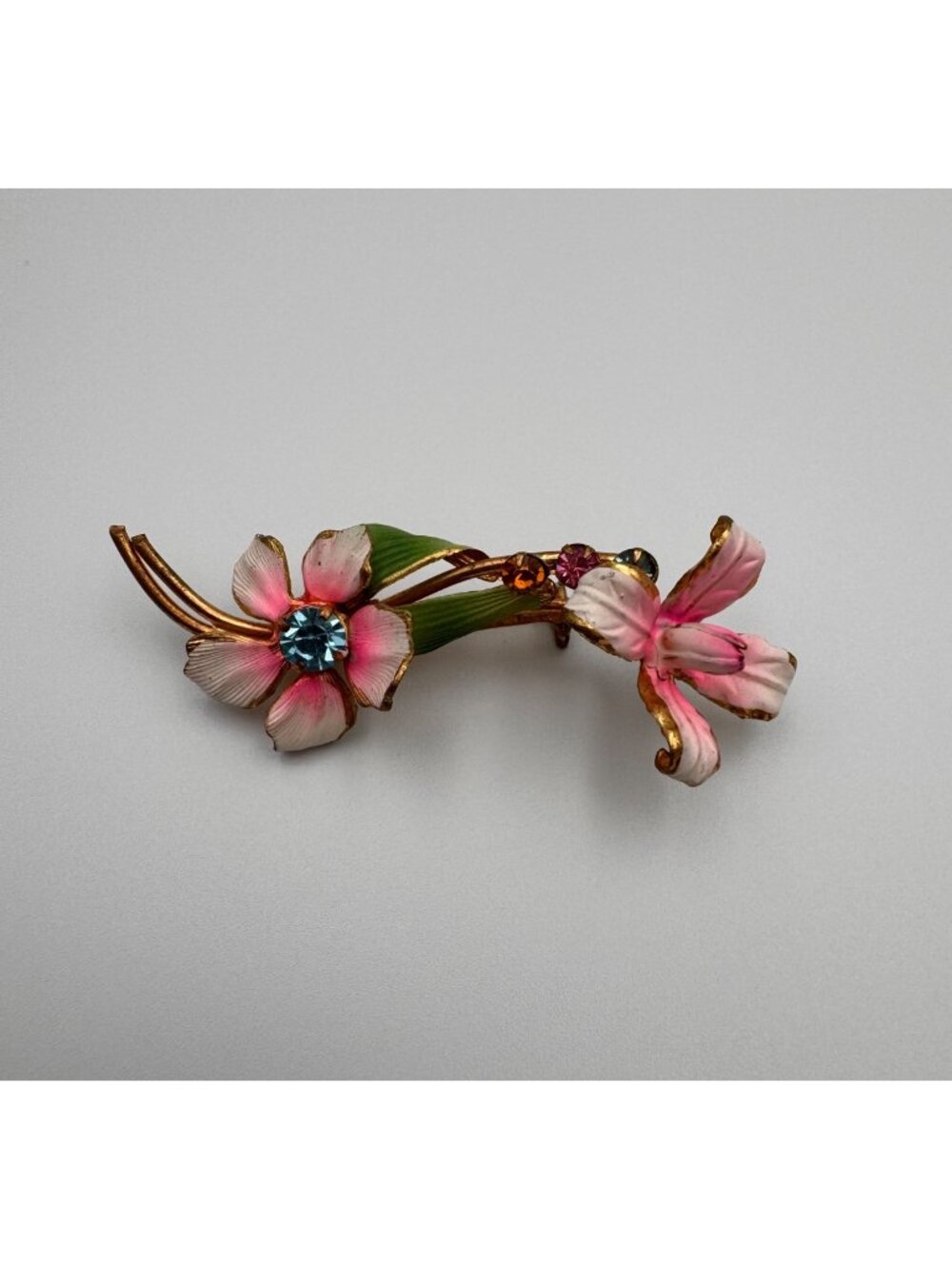 Vintage Austria Enamel Flower Brooch Pink Rhinestone Floral Gold Tone
